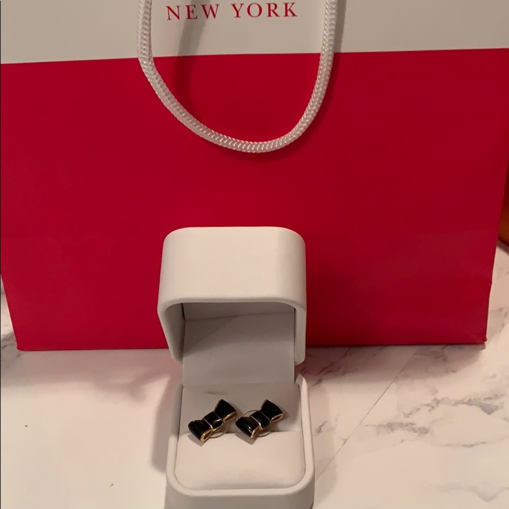 SOLD Kate Spade black enamel and gold tone bow earrings